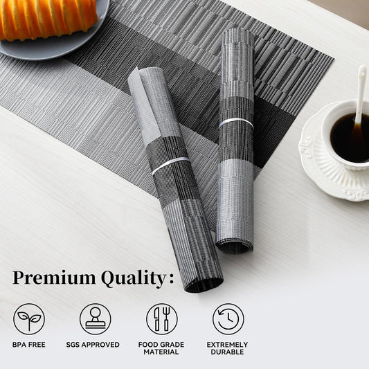 Leetaltree Grey with White Striped Placemats Set of 12 - Heat Resistant Non-Slip Place mats for Dining Table, Washable Durable PVC Vinyl Woven Table Mats(Grey Stripe, 12)