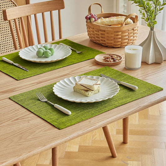 Softalker Faux Linen Placemats Set of 4-12 x 18 Inch, Heat Resistant Double Layered Durable Burlap Farmhouse Place Mats, Non-Slip Washable Rustic Table Mats for Dining, Kitchen, Party(Lime Green
