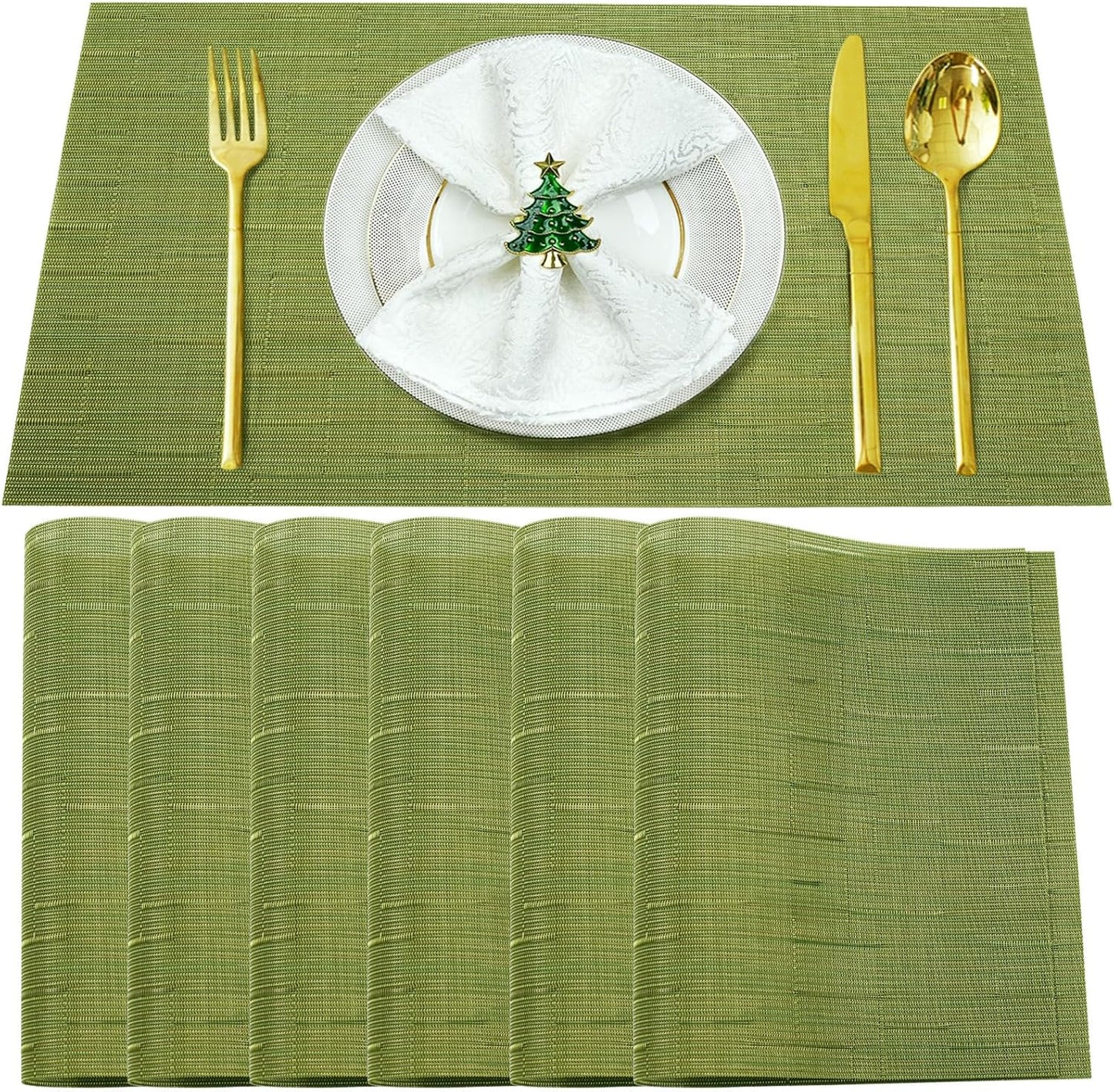 Placemats Set of 6,Washable,Heat and Stain Resistant Indoor/Outdoor Place mats,Vinyl Woven Non Slip Table Mats for Restaurant Table Protection,PVC Placemats(Green,6PCS)