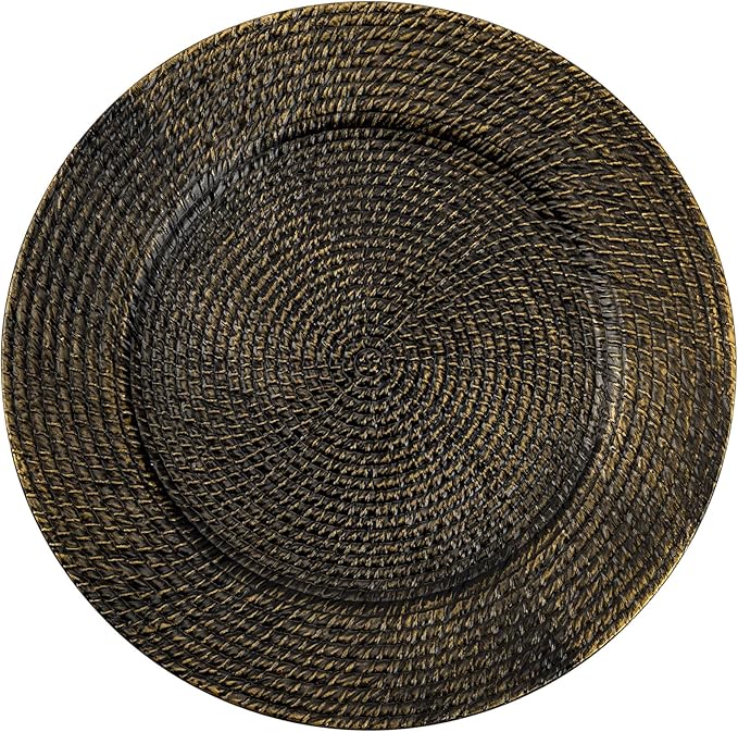 13" Black Round Charger Plates Set of 6, Plastic Rattan Chargers for Dinner Plate, Festival Tabletop Decor Table Setting Centerpiece Bulk Event, Party