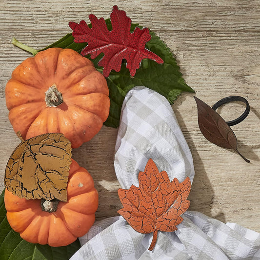 Park Designs Leaf Napkin Ring Set of 4 | Autumn Metal Napkin Holders with Crackled Finish | Vibrant Fall Colors of Orange, Red, Brown & Green | Rustic Farmhouse Thanksgiving Table Decor