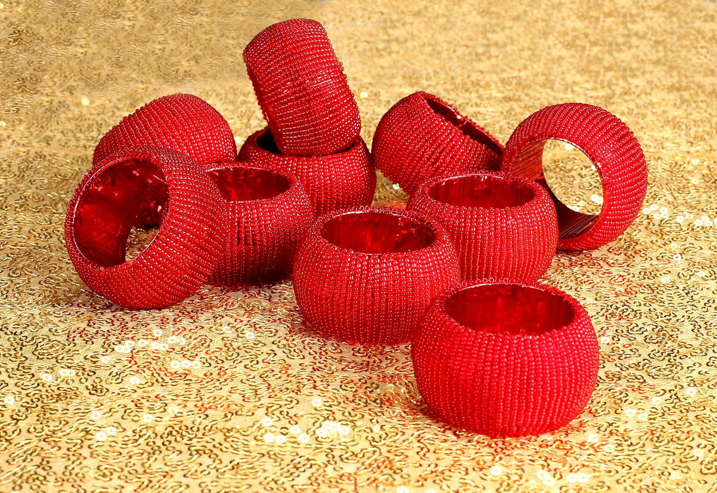 Handmade Beaded Napkin Rings Set of 6 - Red Napkin Holders, 2-Inch Elegant Table Décor, Handcrafted by Skilled Artisans - Perfect for Weddings, Parties & Everyday Dining