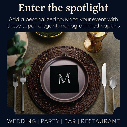 100 Pack Disposable Monogrammed Cocktail Napkins Black, 5"x5" Linen-Feel Silver Foil Letter V Paper Napkins, Initial White Beverage Napkins For Wedding, Party, Bar Or Holiday