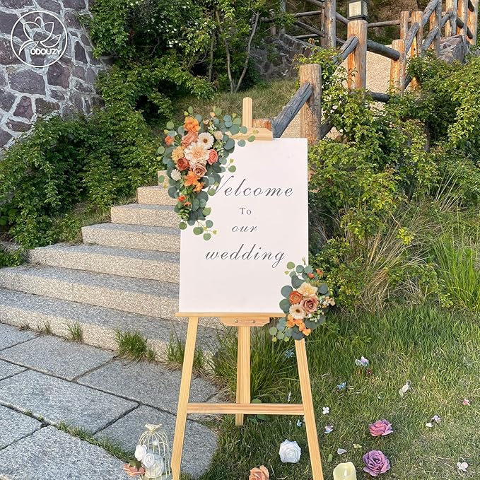 Artificial Wedding Arch Flowers for Wedding Sign,Set of 2 for Wedding Welcome Ceremony Sign,Faux Floral Swags,Wedding, Banquet and Reception Backdrop Floral Decoration (Orange)