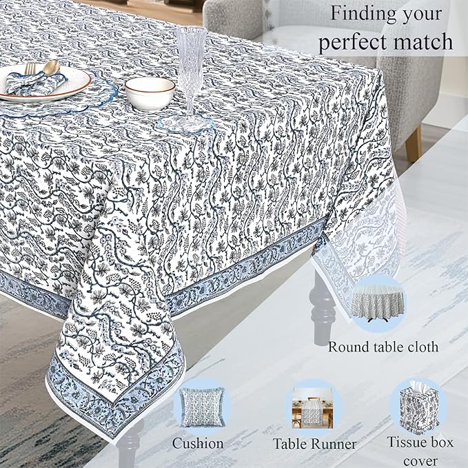 Ridhi Hand Block Print Baby Blue Eyes Rectangle Cotton Tablecloth 160" x 72" Reusable Table Cover Decorative Everyday Use for Dining, Farmhouse, Home Gift for Spring, Easter, Valentine