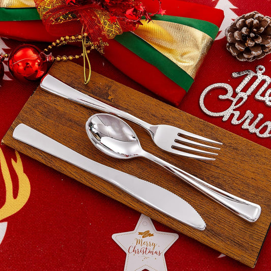 Liacere 200Pcs Silver Plastic Cutlery - Silver Plastic Silverware- Disposable Silverware - 100 Forks, 50 Spoons, 50 Knives Perfect for Wedding&Christmas