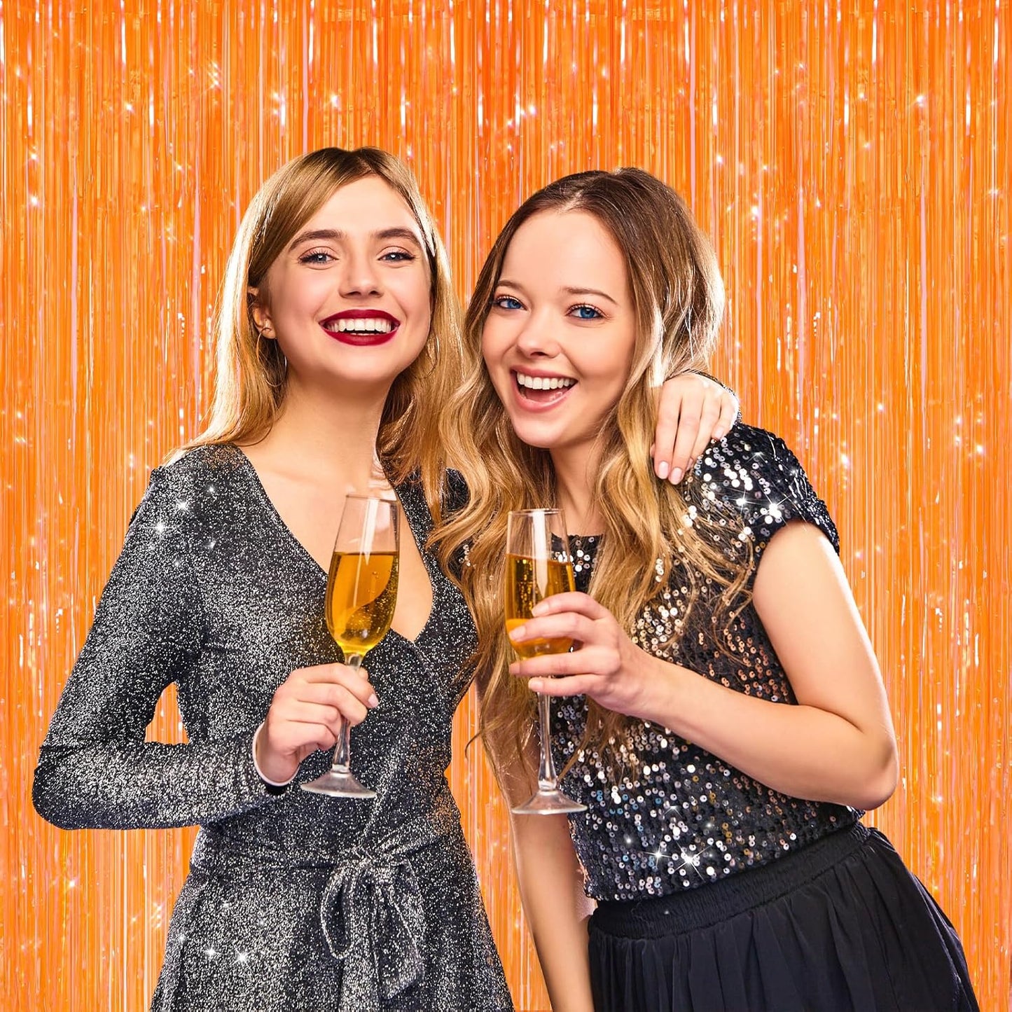 2 Pack Orange Metallic Tinsel Foil Fringe Curtains, Door Streamers Photo Booth Backdrop for Birthday Party, Tinsel Curtain Backdrop for Baby Shower Bachelorette Christmas Party Decorations