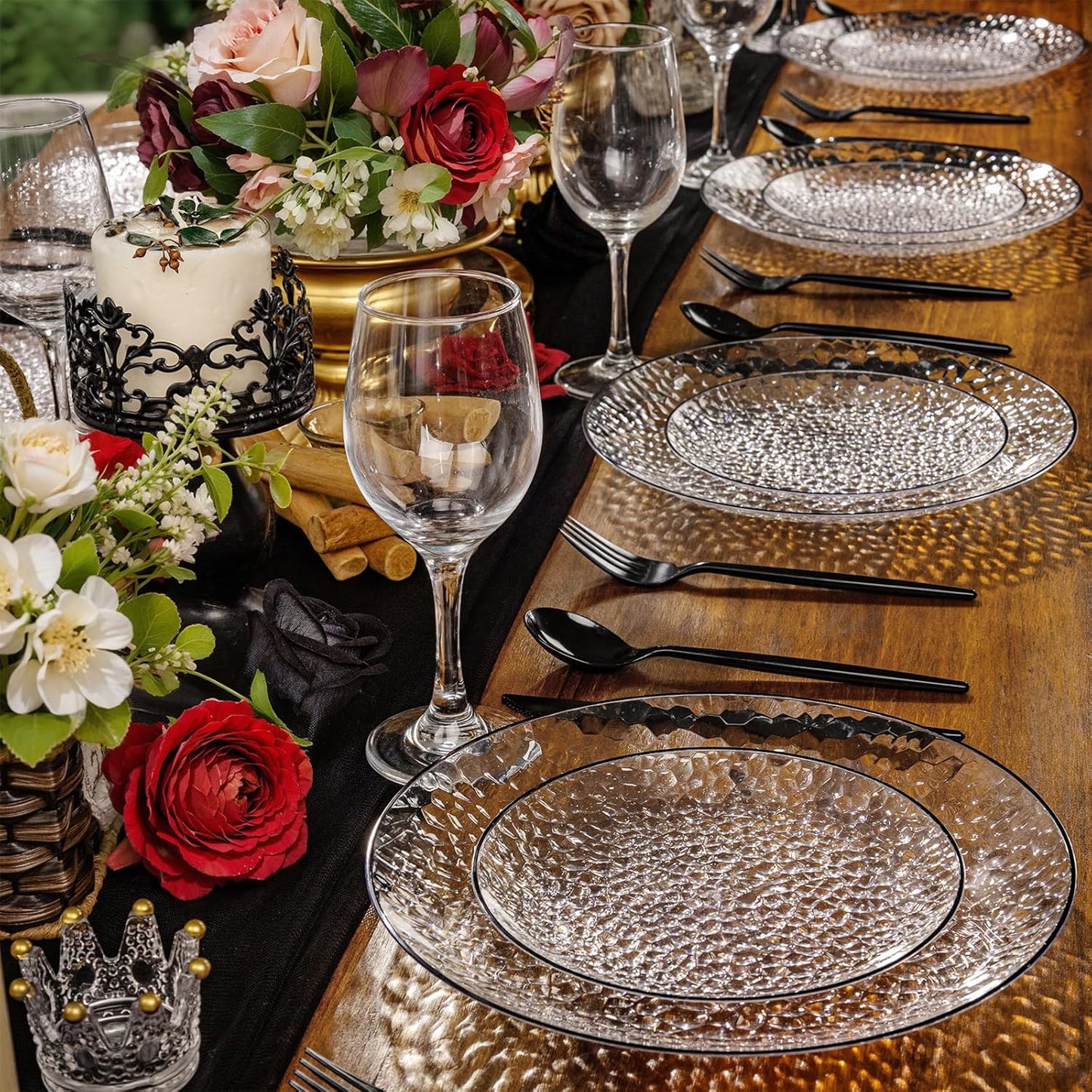 Rubtlamp 60Pcs Halloween Plastic Plates, Black Heavy Duty Plastic Plates, Clear Disposable Party Plates, Hammered Fancy Disposable Plates Include 30 Clear Dinner Plates, 30 Black Salad Plates