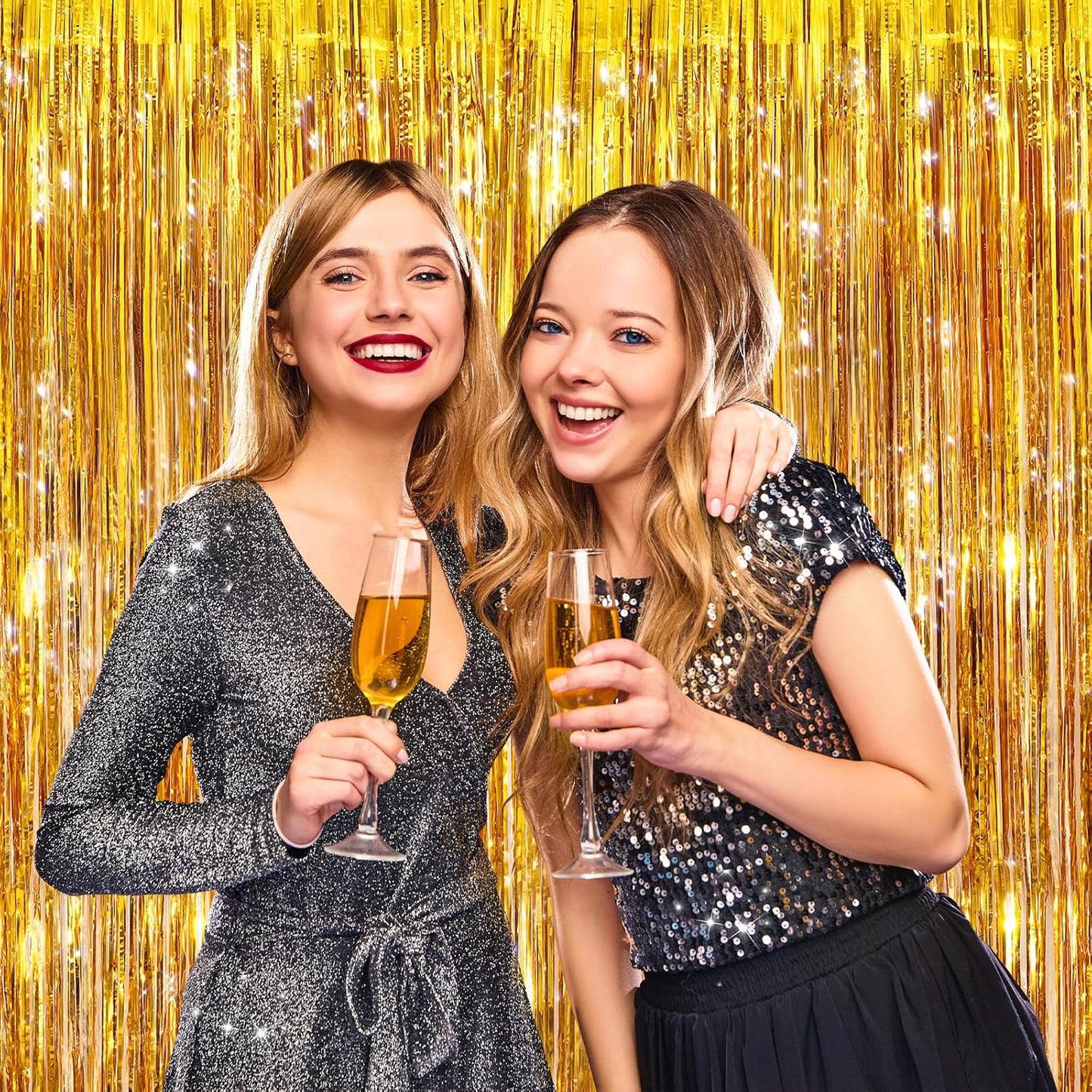2 Pack Gold Metallic Tinsel Foil Fringe Curtains, Door Streamers Photo Booth Backdrop for Birthday Party, Tinsel Curtain Backdrop for Baby Shower Bachelorette Christmas Party Decorations