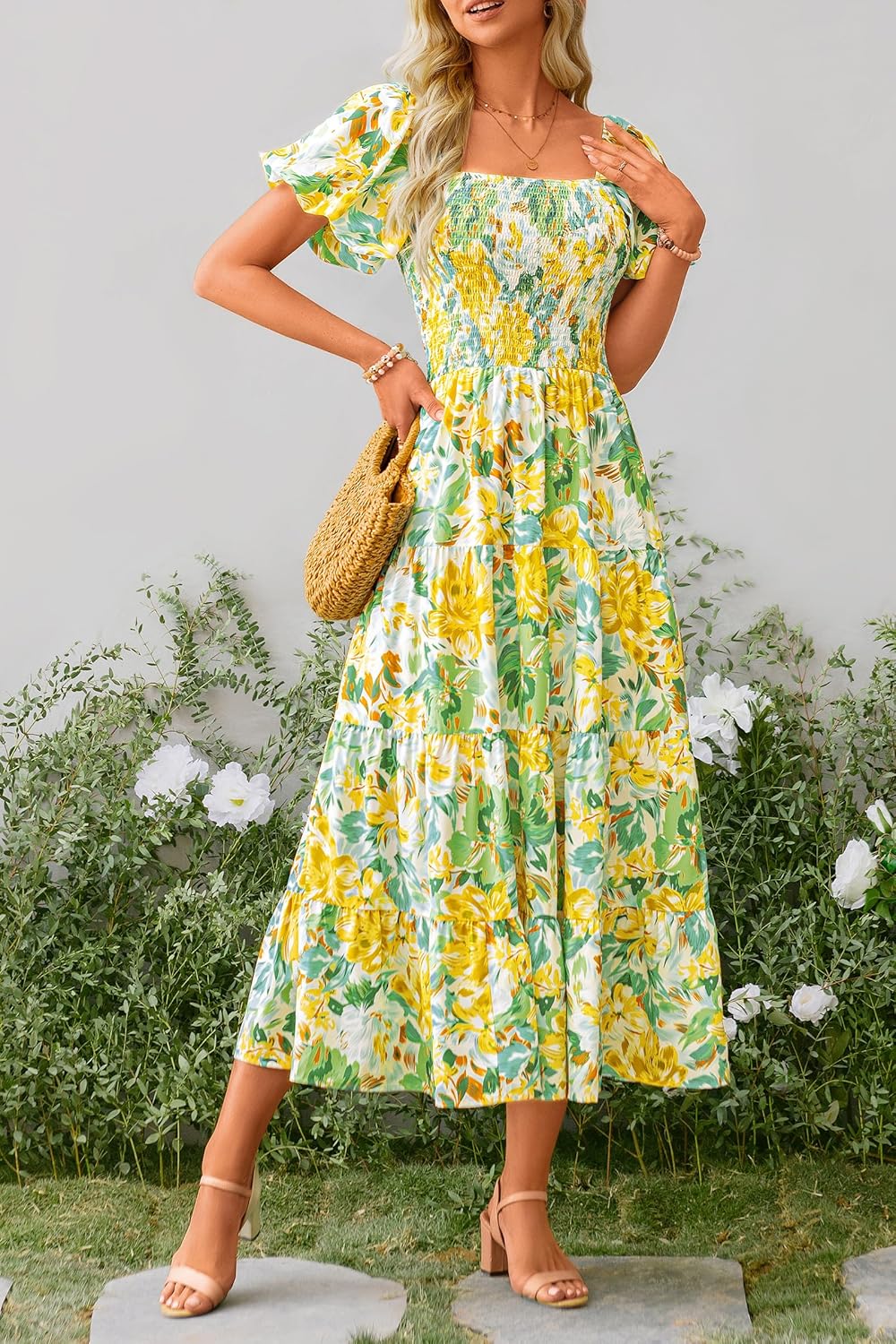 PRETTYGARDEN Women's Casual Summer Midi Dress Puffy Short Sleeve Square Neck Smocked Tiered Ruffle Dresses
