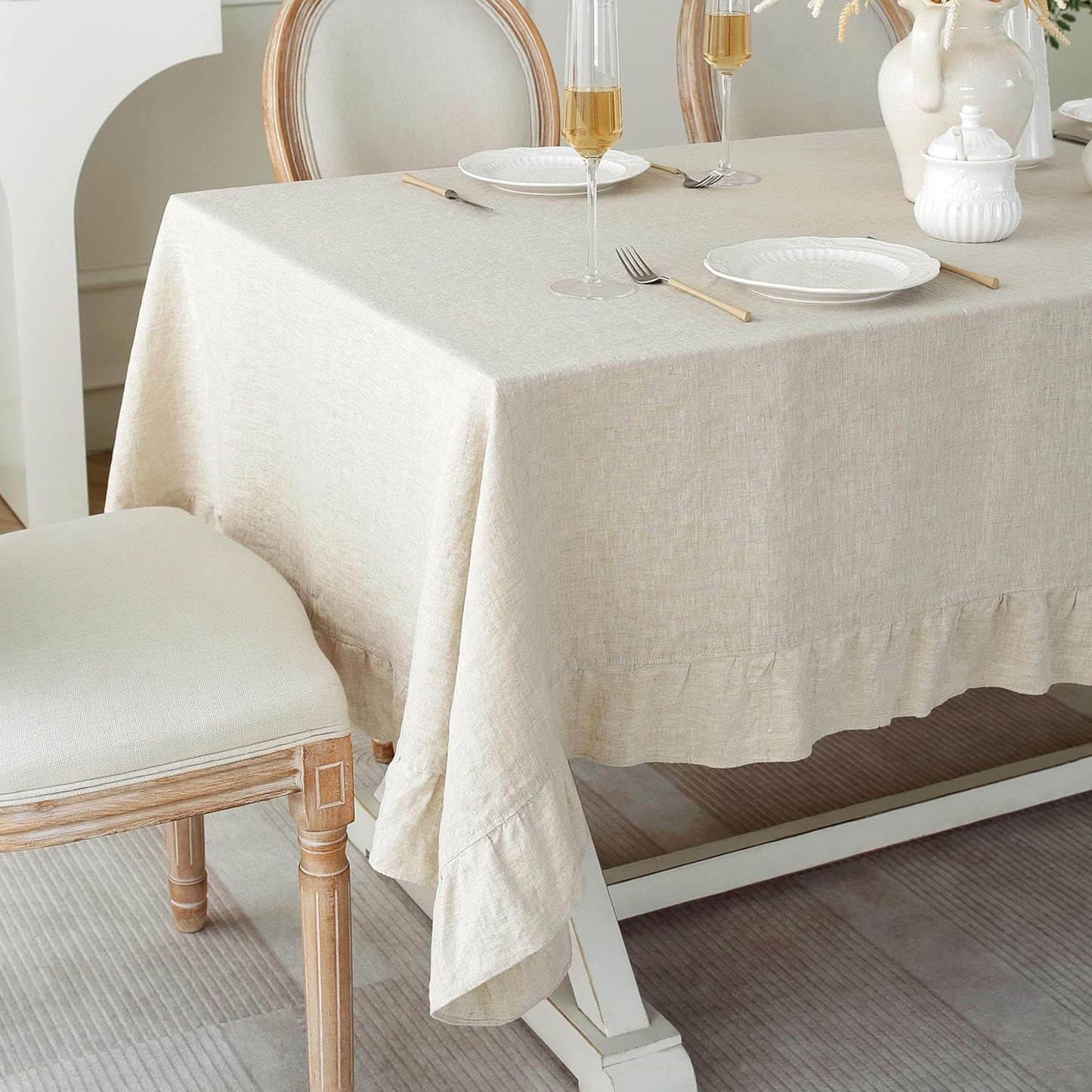 Linen World Ruffle Linen Tablecloth,100% French Linen Natural Tablecloth 108" x 60" Inch,Washable Rectangular Tablecloth for Dining,Outdoor,Weddings and Restaurants,Decorative Thanksgiving Christmas