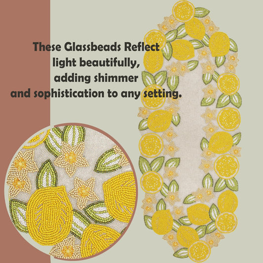 Beaded Table Runner - Handcrafted Lemon Design, Glass Beads & Polyester, Farmhouse Rustic Dining Kitchen Decor, Elegant Modern Luxury Holiday Seasonal Bridal (Yellow) - CLEEENTABLE