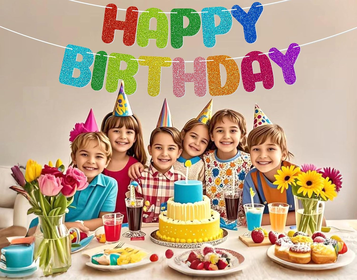 Rainbow Happy Birthday Banner,with adhesive hooks,colorful gradient letter party banner,Glitter Decor,Kids Baby Adults Birthday Decorations Party Supplies(Pre-Strung)