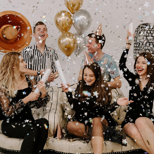 PrimePure Confetti Cannon Party Poppers - Holographic Silver Stars Confetti Popper & Streamer - 6 Pack - New Years Party Cannon Silver Glitter Star Pop Gun for NYE 2026, Birthday, Celebration, Pranks
