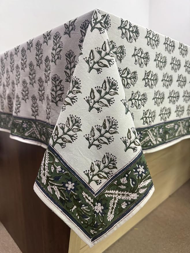 Ridhi Hand Block Print Evergreen Grace Rectangle Cotton Tablecloth 108" x 70" Reusable Table Cover Decorative Everyday Use for Dining, Farmhouse, Home Gift for Spring, Easter, Valentine