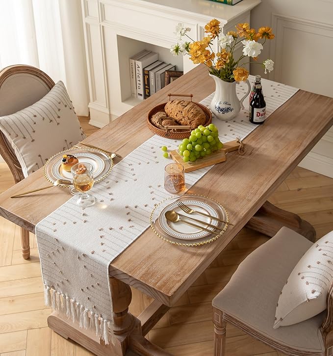 Boho Table Runner 13 x 90 Inch Long Natural Cotton Woven Runner with Tassels for Home Dining Table décor, for Modern Farmhouse Decor Coffee Table Runner, Taupe and Beige