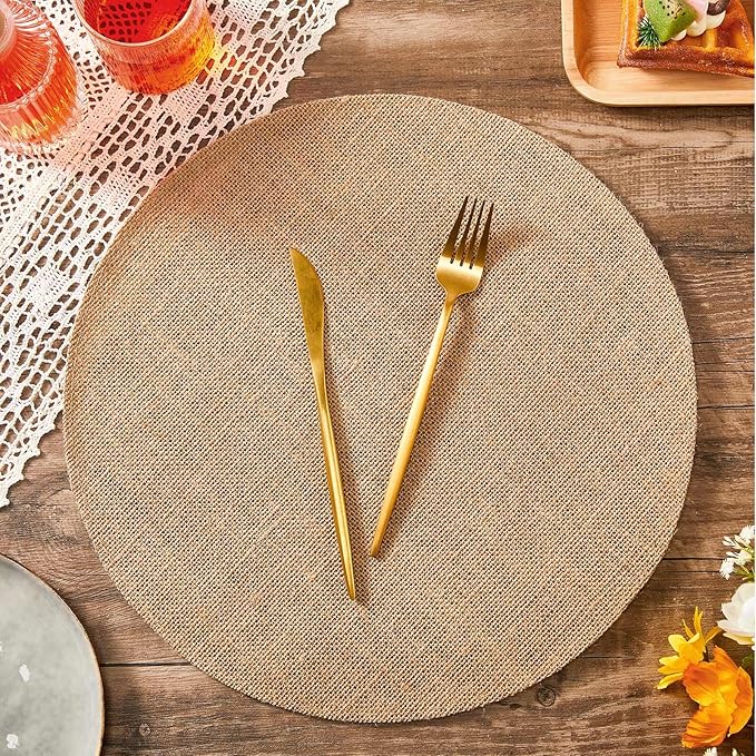 Yunlly Set of 48 Round Burlap Placemats Bulk Burlap Farmhouse Placemats Set Heat Resistant Table Mats Circle Jute Charger Place Mats for Wedding Holiday Dinner Rustic Table Decorations(15 in,Brown)