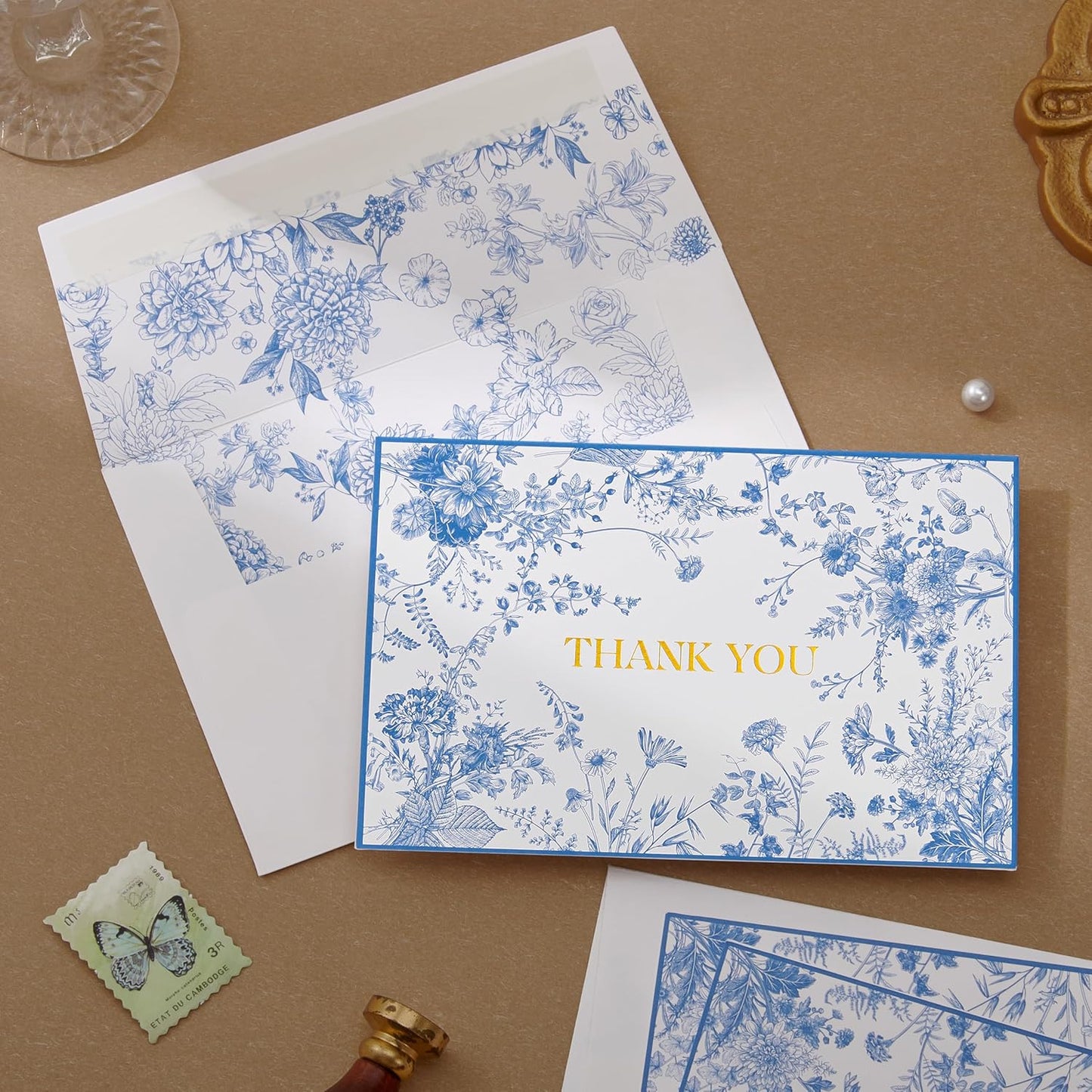 Crisky 50 Pack Blue Floral Thank You Cards Gold Foil Greeting Notes Bulk with Envelopes & Stickers for Birthday, Baby Shower, Bridal Shower, Wedding, Graduation, Business