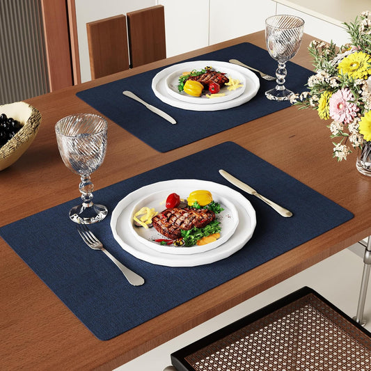 DOLOPL Placemats Set of 6, Navy Blue Faux Leather Heat Resistant Place Mats for Dining Table, Waterproof Oilproof Wipeable Washable Table Mats, Easy to Clean Anti-Slip Tablemats for Kitchen, Party