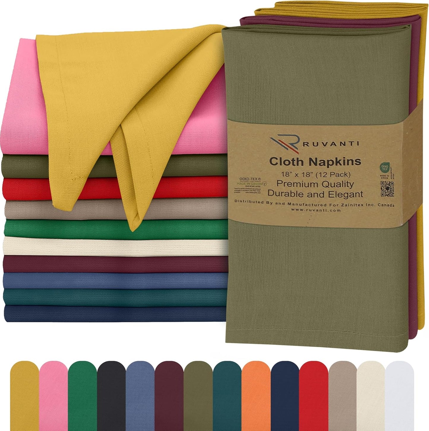 Ruvanti Premium Cloth Napkins Set of 12, 18x18 Inches, 100% Cotton, Washable, Soft & Absorbent, Perfect for Wedding, Christmas, Thanksgiving Dinners - Multi Color