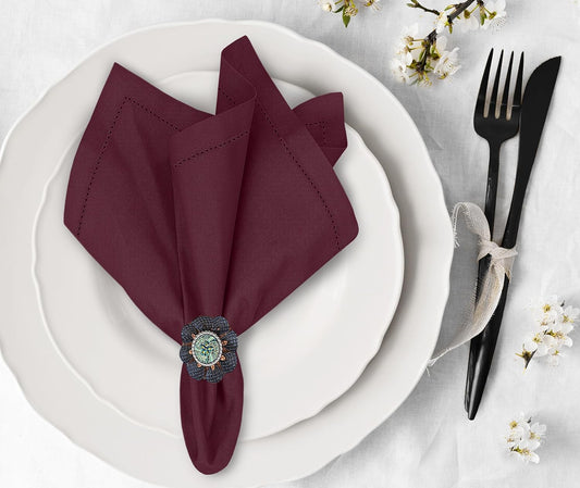 Ruvanti Premium Linen Napkins Set of 4-20x20 Inch, Classic Hemstitch, Mitered Corner Cloth Napkins - Soft, Elegant Dinner Napkins Cloth Washable for Weddings, Parties, Everyday Use - Burgundy