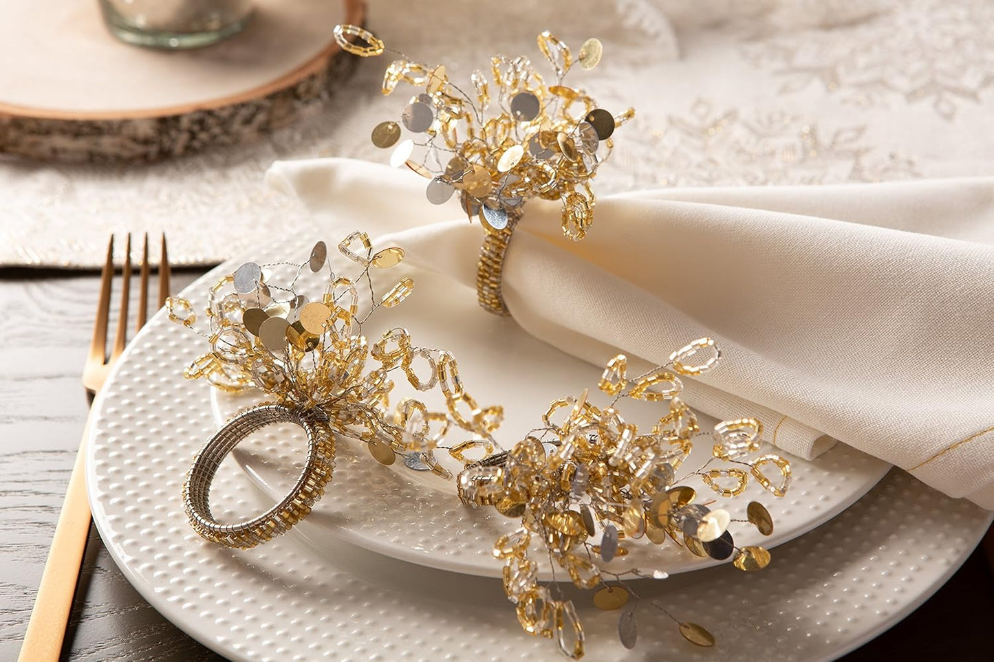 DII Christmas Thanksgiving Holiday Tabletop Décor Collection Decorative Napkin Ring Holder Set, 1.5" Diameter, Gold Beaded Sparkle, 6 Piece