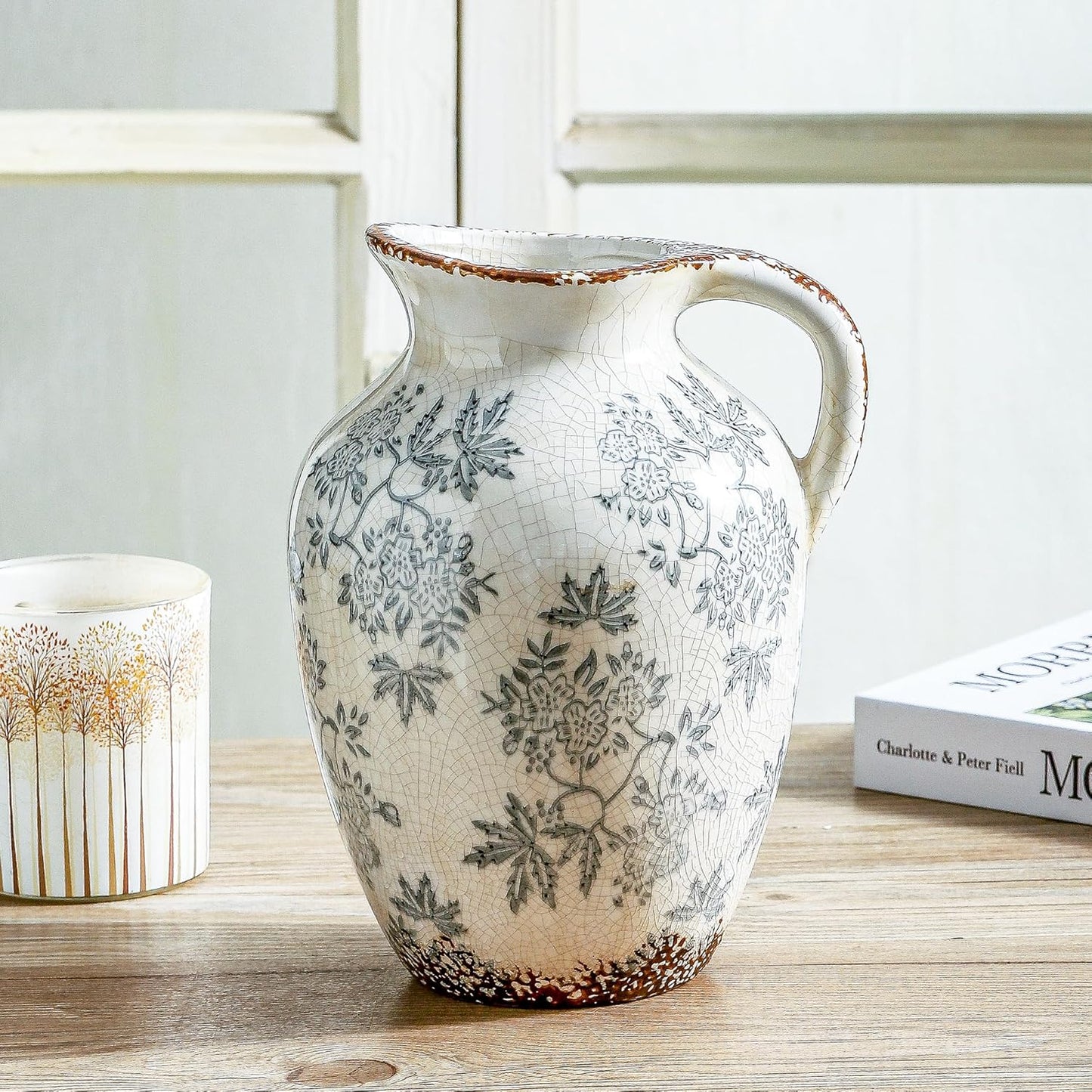 Enra Vintage vase with Handle,Blue and White Ceramic Decorative Flower vase, Chinoiserie Floral Vase,Large Rustic Vases for Home Decors, Living Room, Bookshelf, Office,9.7 inch