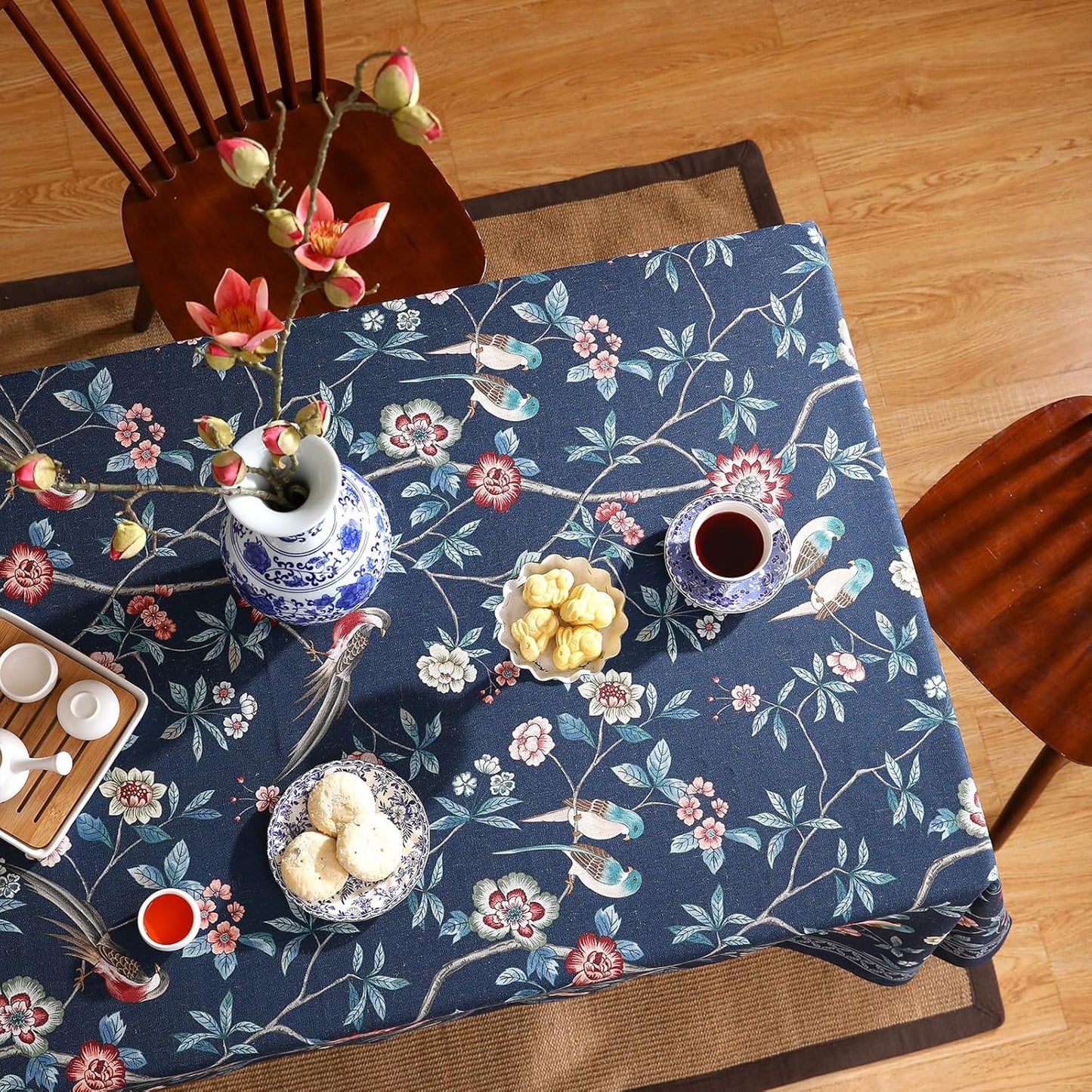 patdrea Designer Vintage Dark Blue Linen Rectangle Tablecloth,Navy French Floral and Birds Pattern Table Cloth,Decoration Table Cover for Kitchen,Dining,Tea Party,Home,Christmas,63"*102"