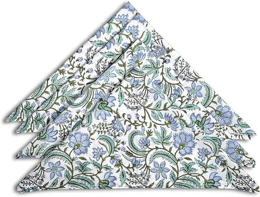 Ridhi Columbia Blue Hand Block Print 100% Cotton Napkins 18" x 18" (Set of 4) Reuseable Kitchen Napkins Cloth Decor Dinner Party Wedding Cocktail Gift for Spring, Easter, Valentine