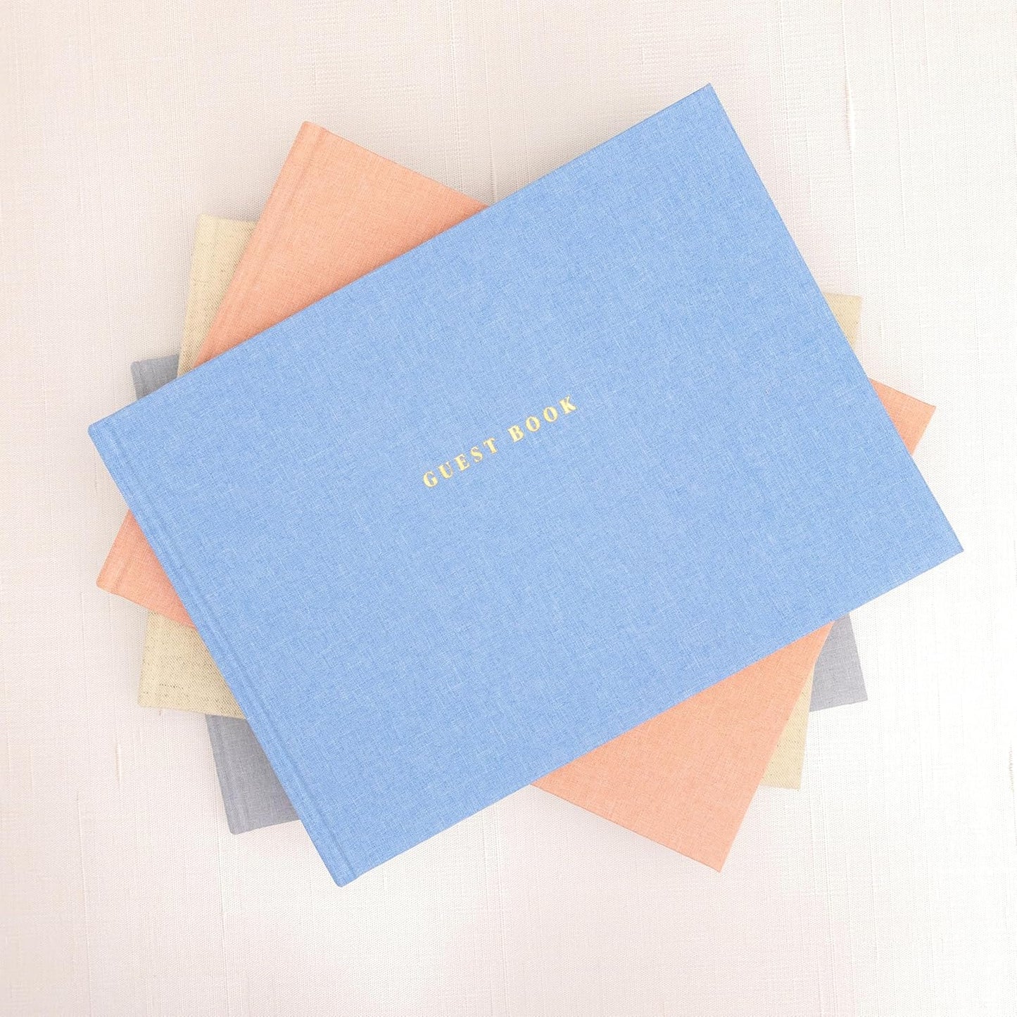 ELYN Linen Guest Book, Sign in Book for Wedding Reception, Birthday, Baby Shower & Events, Matching Gold Gel Pen, Photo Pockets & Table Sign, 80 Pages (Blank & Lined), Large, 11.5 in x 8.5 in (Blue)