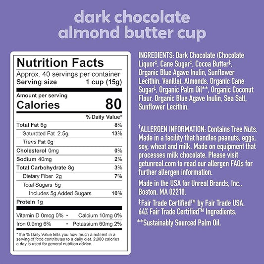 UNREAL Dark Chocolate Almond Butter Cups| 5g Sugar | Certified Vegan, Gluten Free, Fair Trade, Non-GMO | No Sugar Alcohols or Soy | 0.53 Ounce (Pack of 40)