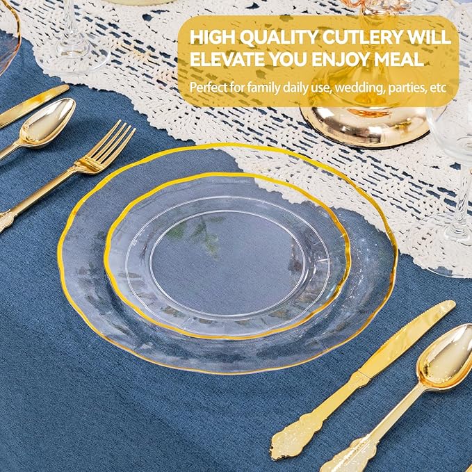 supernal 60Pcs Clear and Gold Plastic Plates,Clear Disposable Plate With Gold Rim,Heavy Duty Plastic Plates Set Perfect for Valentine's Day,Mother's Day,Easter,Wedding,Party