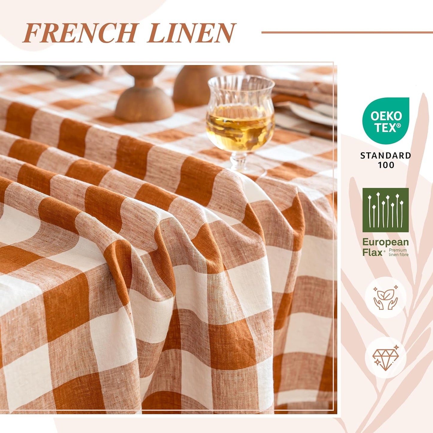 Linen World Gingham Tablecloth – Buffalo Plaid Linen Tablecloth 120" x 60" Inch,100% French Flax Table Cloth for Dining Table,Weddings,Thanksgiving & Christmas Decor,Rust Checkered