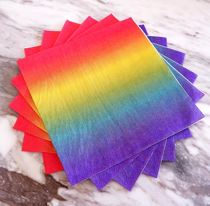 Rainbow Napkins - 50 Pack Disposable Birthday Paper Napkins Rainbow Ombre Gradient for Pride Month Party Supplies - 6.5" x 6.5" inches.
