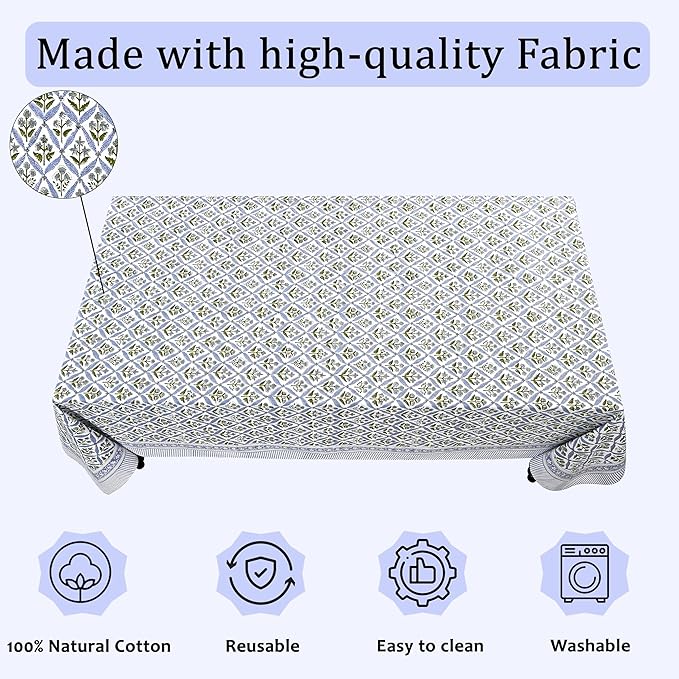 Ridhi Hand Block Print Light Steel Blue Rectangle Cotton Tablecloth 102" x 48" Reusable Table Cover Decorative Everyday Use for Dining, Farmhouse, Home Gift for Spring, Easter, Valentine