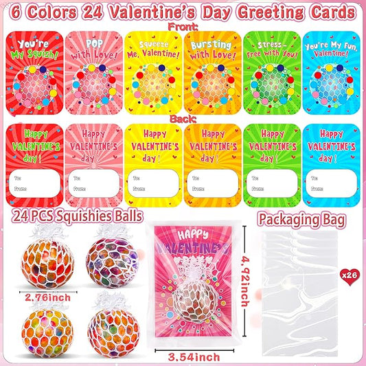 24 Pack Valentines Day Gifts for Kids Classroom Fidget Stress Balls with Valentines Cards Stress Relief Toys Squeeze Ball for Kids Boys Girls School Exchange Cards Gifts Valentines Party Favors Prizes