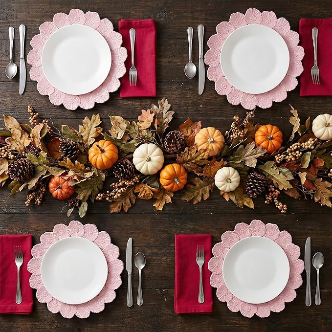 Pink Charger Plates with Flower Rim, 13" Round Charger for Dinner Plates, Set of 6 Plastic Plate Chargers for Wedding, Table Setting