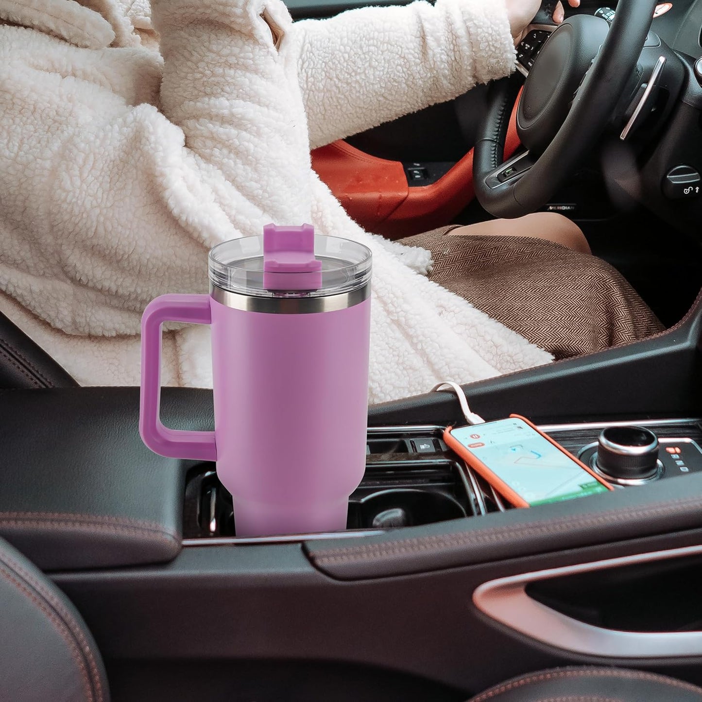 40 oz Tumbler with Handle and Straw Spill Proof Large Travel Coffee Mug Insulated Reusable Stainless Steel Cup with Lid Fit for Car Cup Holder(Lilac)
