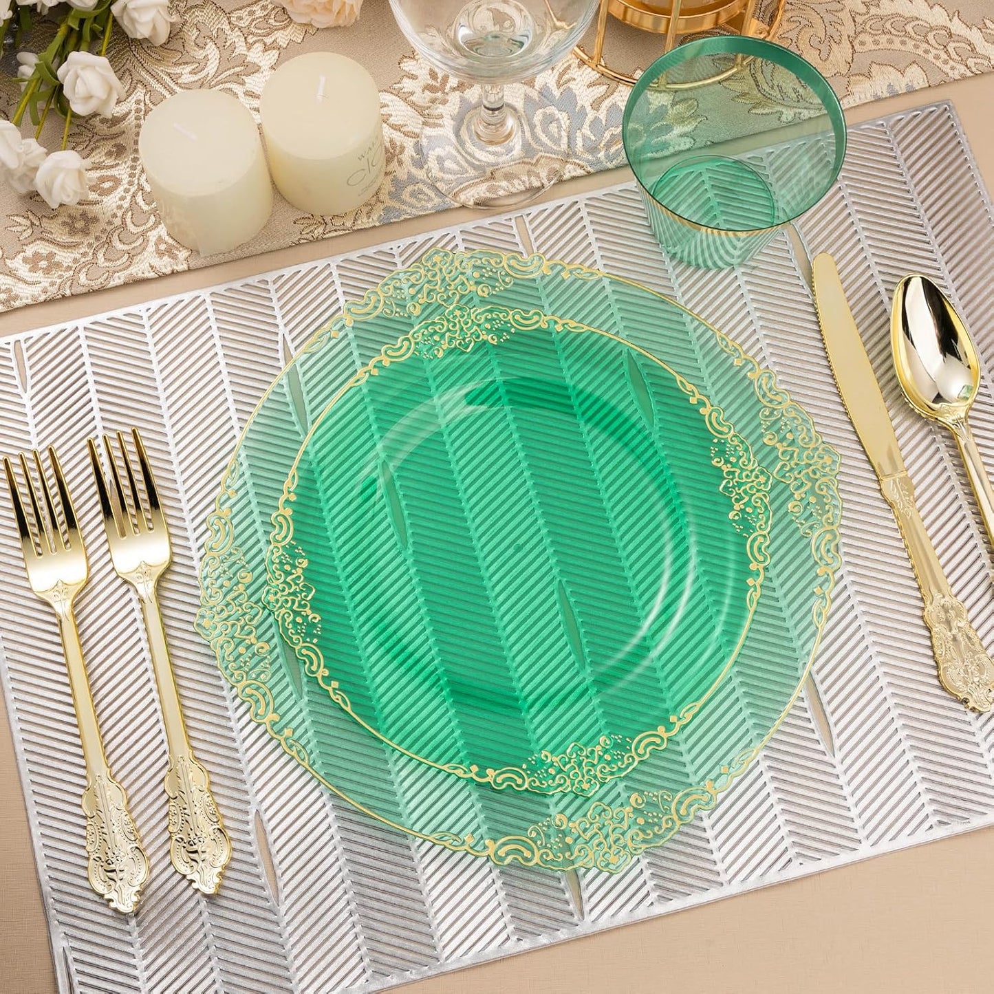 350PCS Clear Green Plastic Plates for 50 Guests, Disposable Plates with Gold Trim include 100 Dinner Plates, 150 Gold Silverware, 50 Cups, 50 Napkins for Party, Wedding and Graduation