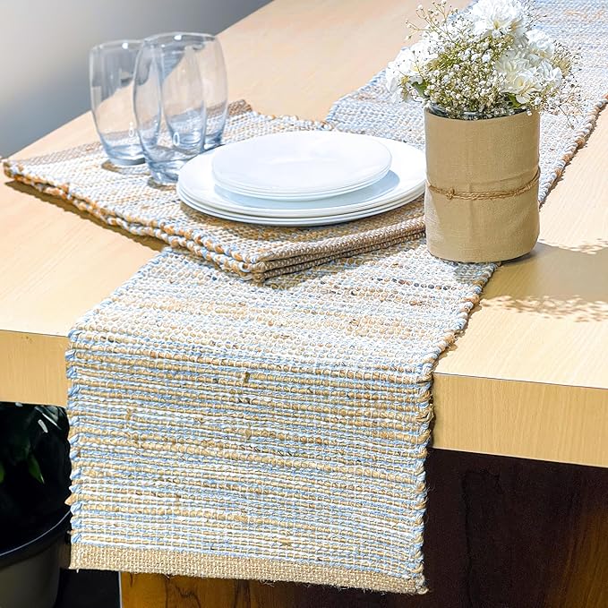 Chardin home Natural Jute Table Runner 13x90 Inch – Vintage Boho Rustic Table Decor – Handwoven Table Runner in Natural Jute and Sky Blue-White – Farmhouse Dining or Console Table Accent