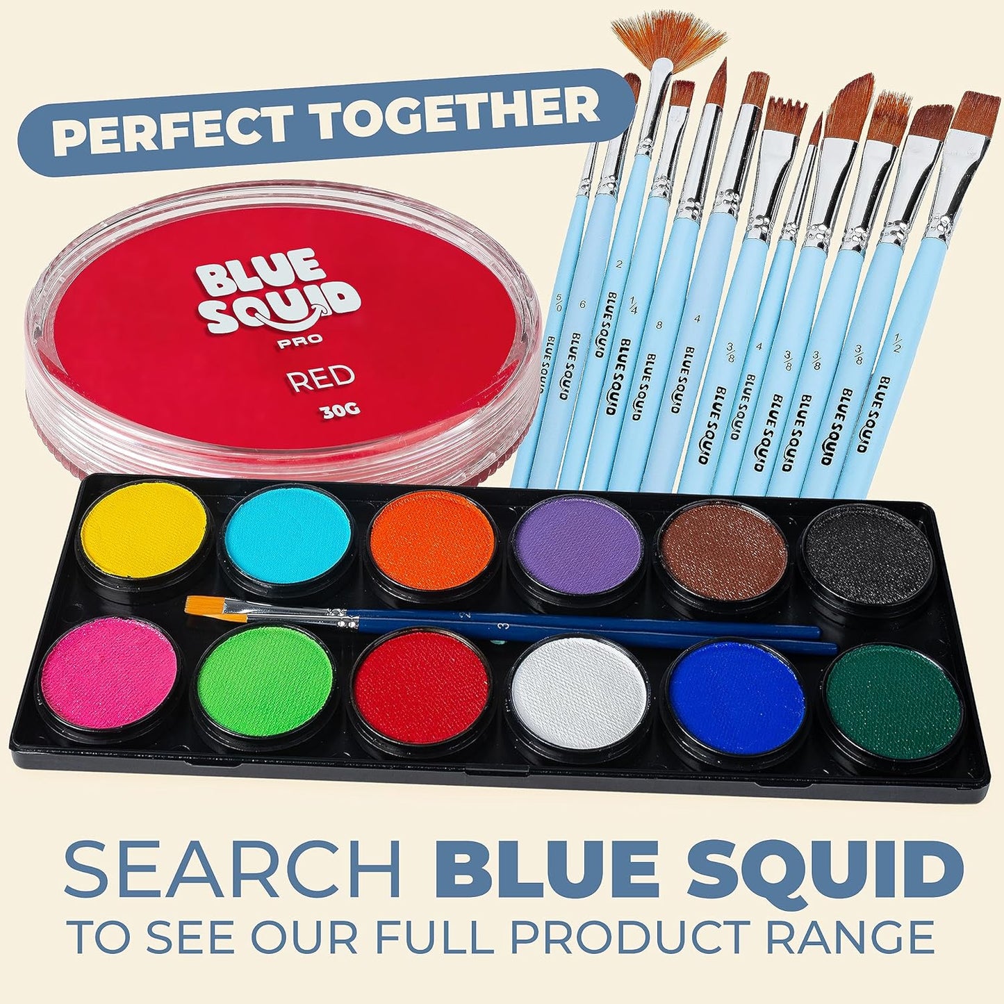 Blue Squid Face Paint Water Based Single Cake Professional Face Paint & Body Paint - Water Activated, Kids Adults Face Painting for Costume, Halloween Makeup, Cosplay - Classic Red Face Paint 30g