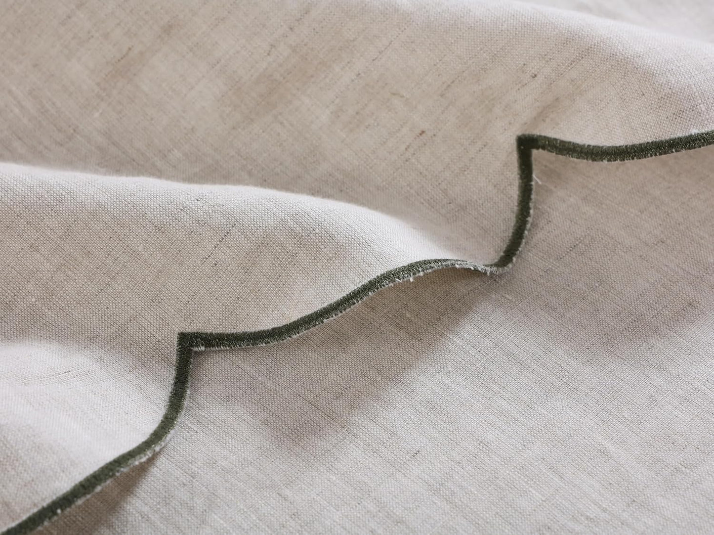 100% French Flax Linen Tablecloths Scalloped Embroidery Rectangle 144Lx60W Inch for Dinners, Parties, Spring, Machine Washable, 12-14 Sets, Linen(Edges-Green)