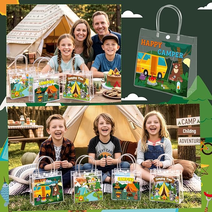 H1vojoxo Camping PVC Gift Bags - 24PCS Camping Party Favors Bags with Handles 7.9x3.2x7.9 Inch Camp Theme Plastic Transparent Gift Bag for Summer Camps Camping Adventures Outdoor Activity Party Favors