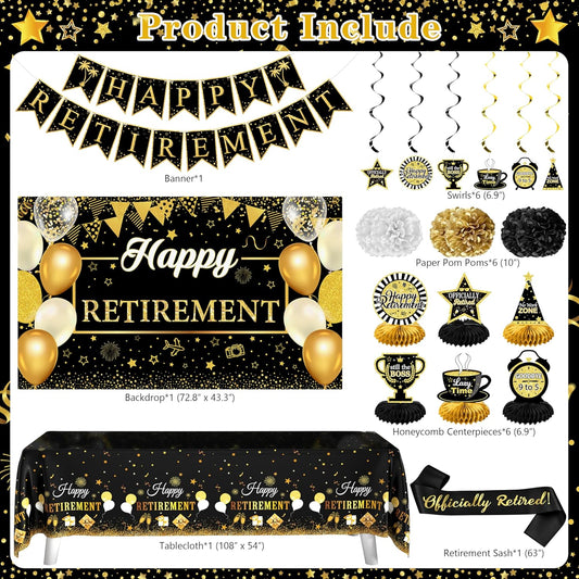Retirement Party Decorations for Men Women 109Pcs Black Gold Happy Retirement Decorations Retired Banner Backdrop Balloons Sash Hanging Swirls Pompoms Tablecloth Honeycomb Centerpiece(Black Gold)