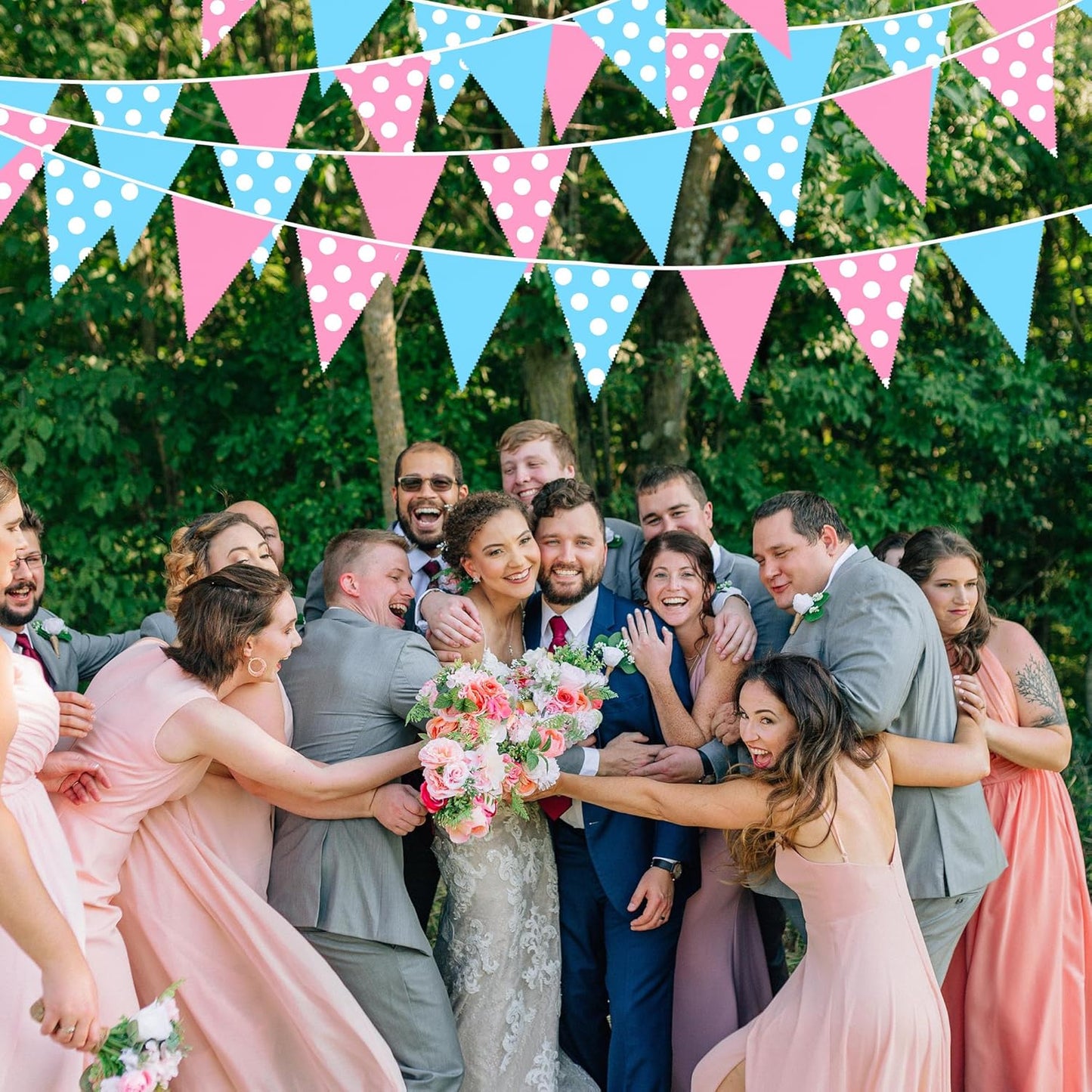 Pinkblume 32Ft Gender Reveal Party Decorations Pink and Blue Circle Dot Pennant Triangle Banner Party Flag Bunting Streamer Garland