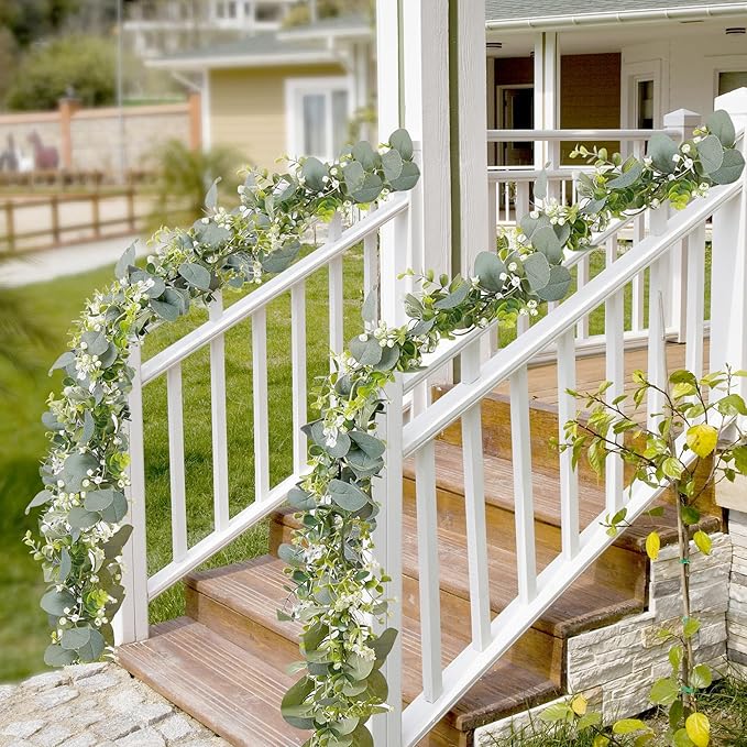 4Pcs Eucalyptus Garland, 5.9FT Greenery Garland, Green Garland with Flowers, Artificial Faux Silver Dollar Eucalyptus Leaves Vines for Table Home Wedding Mantle Party Indoor Outdoor Decor