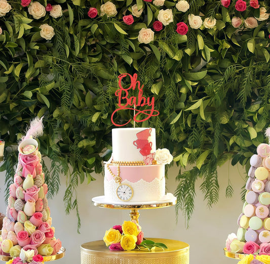 Oh Baby Cake Topper - Red Glitter Baby Birthday Party Cake Decoration Supplies, for Baby Shower/Gender Reveal Party Photo Booth Props
