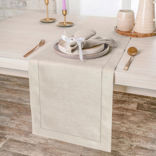 D'Moksha Homes Linen Light Natural Table Runner 120 Inches Long - 100% Pure Linen Hemstitch 14 x 120 Inch Table Runner for Dining, Fall, Autumn and Halloween - Classic Hemstitch