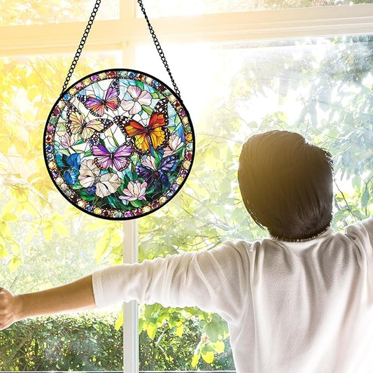 Stained Glass Window Hanging, Colorful Butterfly Suncatcher for Doors Home Sun Catchers Decoration and Christmas, Mother's Day Birthday Gifts for Women, Men, and Mom 6.3 in