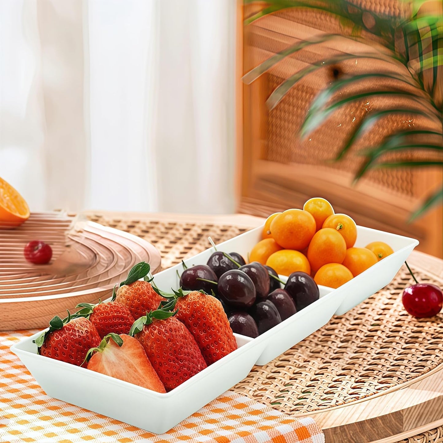 Divided Serving Tray Platter, 4 Pack 15" x 5" Fruit Veggie Food Tray for Party, Plastic Serving Trays for Appetizer, Snack, Dessert, Cookie, Brunch Decorations Platters, White Trays BPA-Free